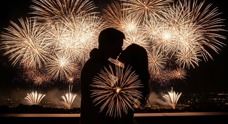 Couple in love kissing and watching fireworks at Pattaya, Thailandの素材