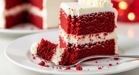 Red velvet cake on a white plate, close-up, selective focusの素材
