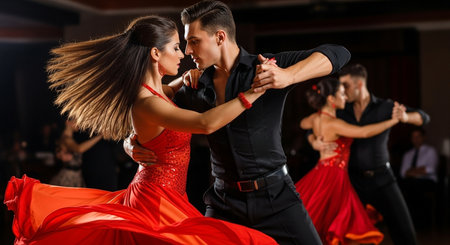 Latino dancers performing tango in a dance studio, close upの素材