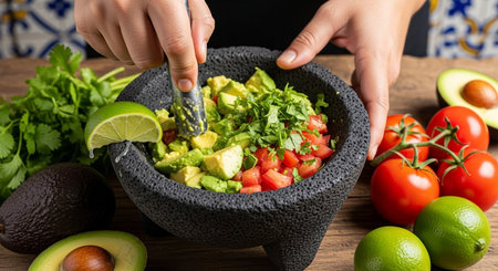 Close-up of female hands preparing guacamole with avocado, tomatoes and cilantroの素材