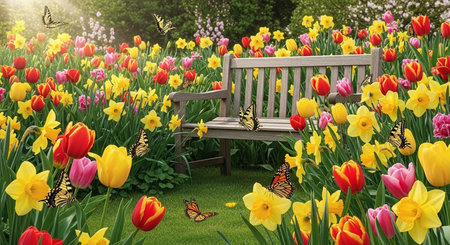Wooden bench in the garden with tulips, daffodils and butterfliesの素材