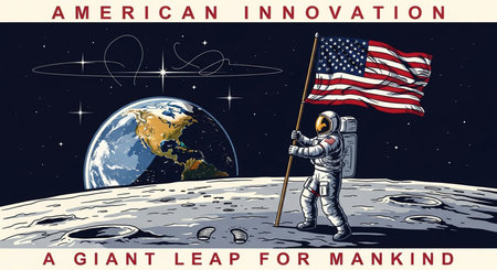 Vector illustration of astronaut with american flag on the background of the planet.の素材