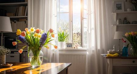 Bouquet of tulips and hyacinths on the tableの素材