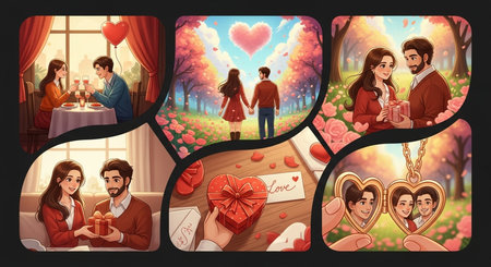 Valentine's day love card set with romantic couple in cafe vector illustrationの素材