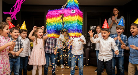 Group of happy children celebrating birthday party with confetti and ribbonsの素材