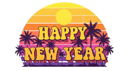 Happy New Year typography with palm trees and sun on white backgroundの素材