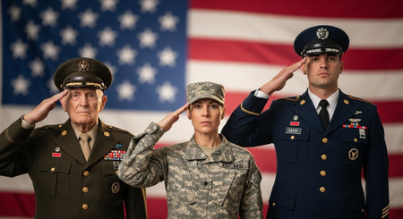 American soldiers in uniform saluting and looking at camera on american flag backgroundの素材