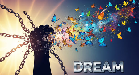 Conceptual background image with a hand chained to the word dreamの素材