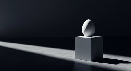 Egg stand in dark room. Minimalism concept. 3D Renderingの素材