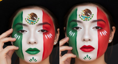 Collage of young woman with Mexican flag painted on her face.の素材