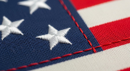 American flag embroidered on a piece of fabric close-up.の素材