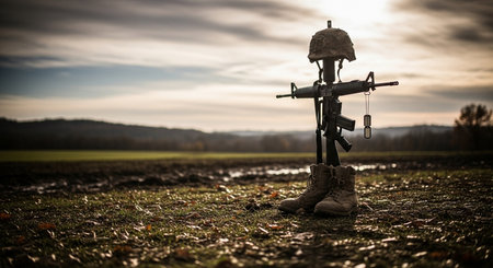 Old wooden cross with boots on a meadow at sunset in autumnの素材