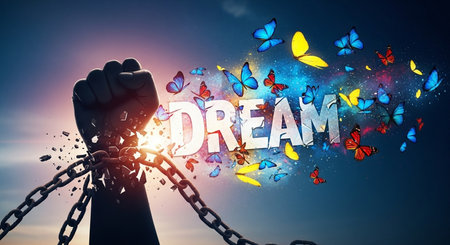 Close up of human hands chained to word dream with butterflies flying aroundの素材
