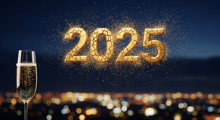 Happy New Year 2015 with a glass of champagne and golden numbers.の素材