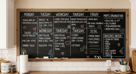 Chalkboard in a modern kitchen interior with a lot of colorful chalk drawingsの素材