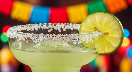 Classic lime margarita cocktail with ice on blurred party lights backgroundの素材