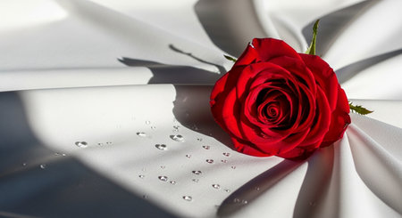 Red rose on a white background with water drops, close-upの素材