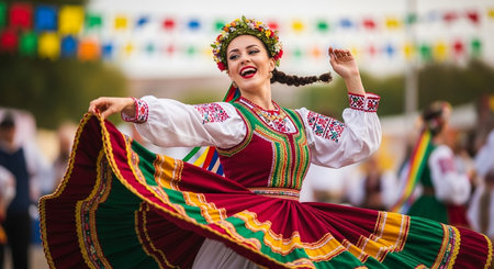 Unidentified Russian folk dancers in traditional costume at the Moscow folk festivalの素材