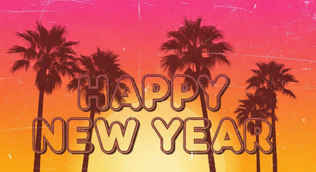 Happy new year card with palm trees silhouettes on a colorful backgroundの素材