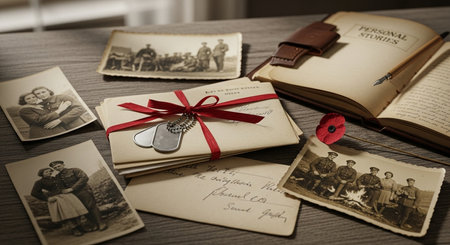 Vintage postcards on a wooden table with a red ribbon.の素材