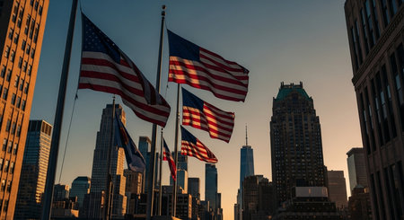 New York City skyscrapers and American flags at sunsetの素材