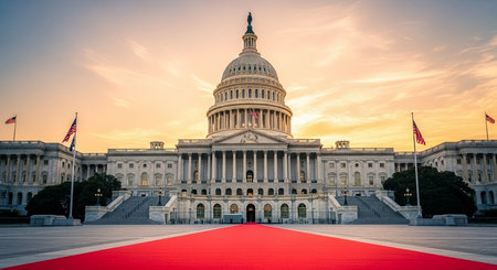 Capitol building in Washington DC at sunset with red carpet - USAの素材