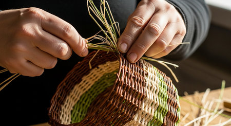 Close-up of woman's hands making wicker basket with grassの素材