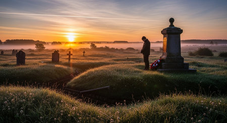 Cemetery in the fog at sunrise with a man standing near the graveの素材