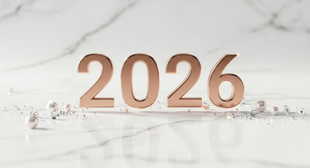 New Year 2016 3d rendering. Golden number on white marble background.の素材