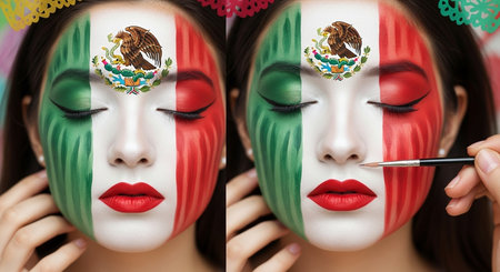 Collage of beautiful young woman with Mexican flag painted on her face. Concept of Mexican celebration.の素材