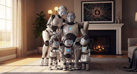 a robotic family poses in their living room with a fireplace and circuit board art on the wall above itの素材