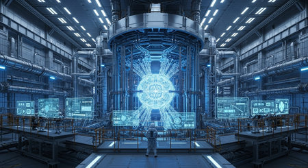 scientists in suits observe a glowing sphere within complex machinery in a futuristic laboratory setting.の素材
