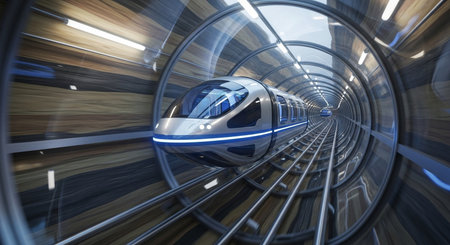 a futuristic train speeds through a tunnel with metal framework, and bright lighting illuminates the interiorの素材
