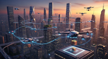 drones delivering packages in a futuristic city with skyscrapers, showcasing advanced delivery technology.の素材