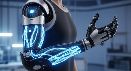a close up shot of a woman with a futuristic robotic arm showing the intricate internal glowing blue wiringの素材