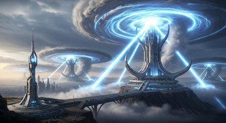 a futuristic city with energy beams and swirling clouds set in a fantasy landscape artwork style imageの素材