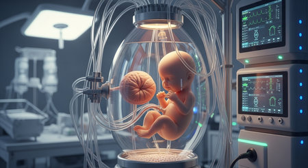 a baby is inside a clear container with tubes attached in a futuristic and sterile laboratory settingの素材
