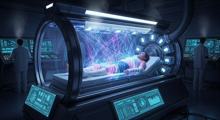 a patient inside a futuristic medical pod is observed by medical personnel in a dark, high tech roomの素材