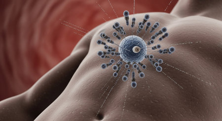 a microscopic cell attacks a human body in this medical illustration showing biological processes closelyの素材