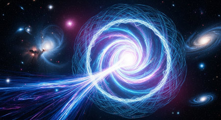 a vibrant cosmic vortex dominates the scene, surrounded by distant galaxies against a dark space backgroundの素材