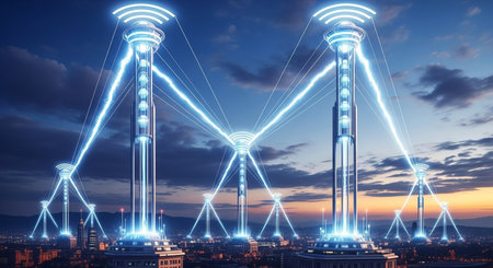a futuristic cityscape with glowing towers interconnected by beams, symbolizing a modern network at dusk.の素材