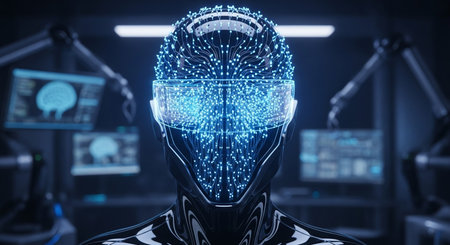 a futuristic robot head with a glowing neural network and vr headset inside of a laboratory setting sceneの素材