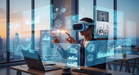 woman in vr headset interacts with a holographic interface displaying charts and data in a modern office.の素材