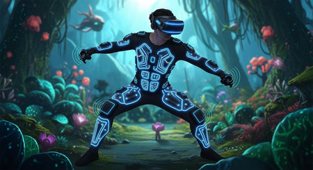 a person wearing a vr suit in a colorful alien forest, surrounded by glowing plants and alien creaturesの素材