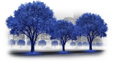 a row of blue trees lines a city street with buildings in the background on a foggy day scene artworkの素材