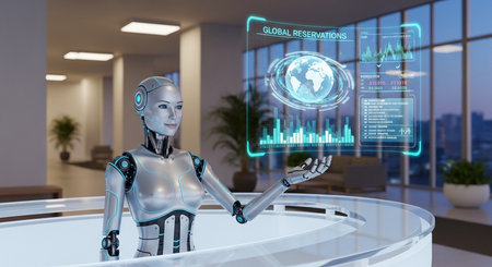 a robot presents global reservation data on a hologram in a modern office with a city view at twilightの素材