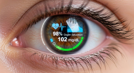a close up of an eye with digital health information displayed on the iris and surrounding area of the eyeの素材