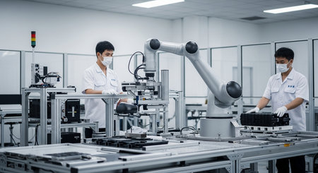 two masked workers operate machinery alongside a robotic arm in a sterile, modern manufacturing facilityの素材