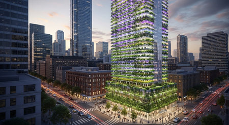 a cityscape with a modern skyscraper featuring greenery and purple lights, capturing an urban environment at duskの素材