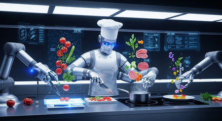 a robot chef is preparing food in a futuristic kitchen with robotic arms and digital interfaces around itの素材